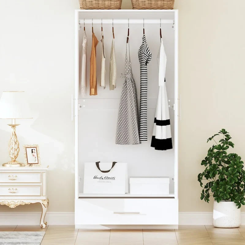 Armoire 2 portes avec tiroir de rangement et tringle à vêtements