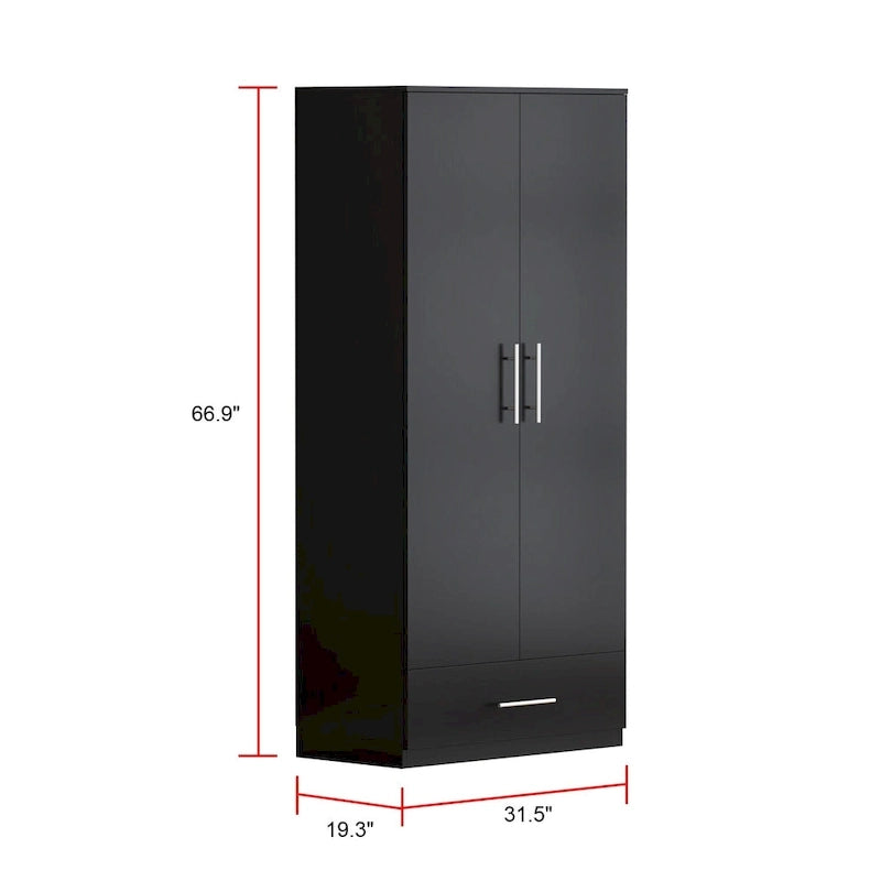 Armoire 2 portes avec tiroir de rangement et tringle à vêtements