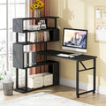 Bureau d'angle en L rotatif marron/noir avec étagère de rangement pour bureau à domicile