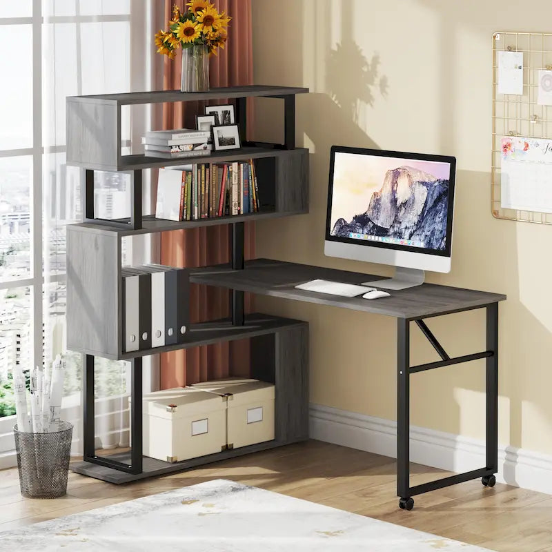 Bureau d'angle en L rotatif marron/noir avec étagère de rangement pour bureau à domicile