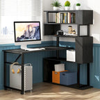 Bureau d'angle en L rotatif marron/noir avec étagère de rangement pour bureau à domicile