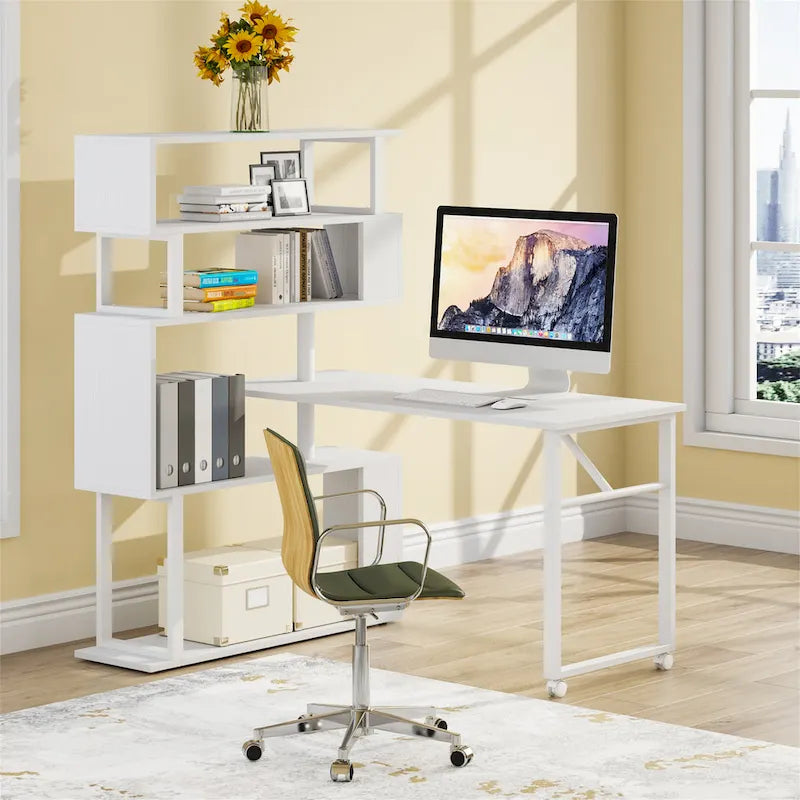 Bureau d'angle en L rotatif marron/noir avec étagère de rangement pour bureau à domicile