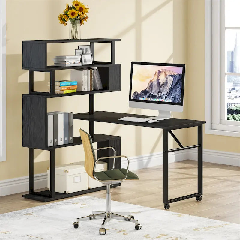 Bureau d'angle en L rotatif marron/noir avec étagère de rangement pour bureau à domicile