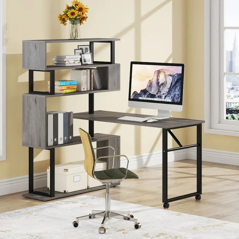 Bureau d'angle en L rotatif marron/noir avec étagère de rangement pour bureau à domicile
