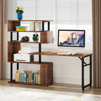 Bureau d'angle en L rotatif marron/noir avec étagère de rangement pour bureau à domicile