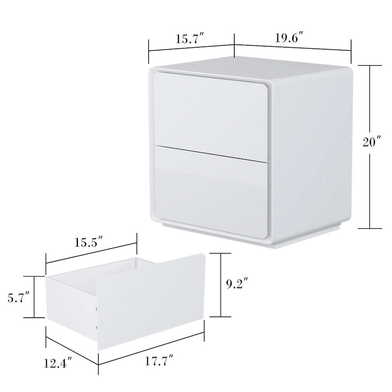 Table de chevet LED blanche moderne, finition brillante, avec 2 tiroirs