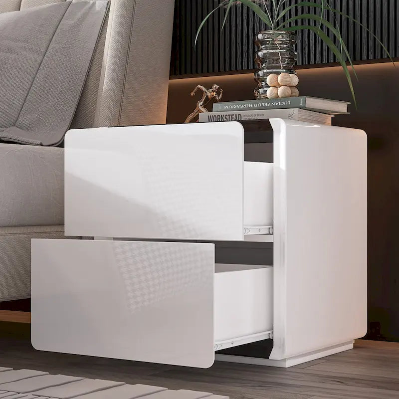 Table de chevet LED blanche moderne, finition brillante, avec 2 tiroirs