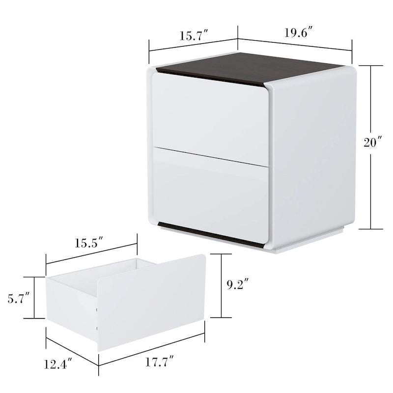 Table de chevet LED blanche moderne, finition brillante, avec 2 tiroirs