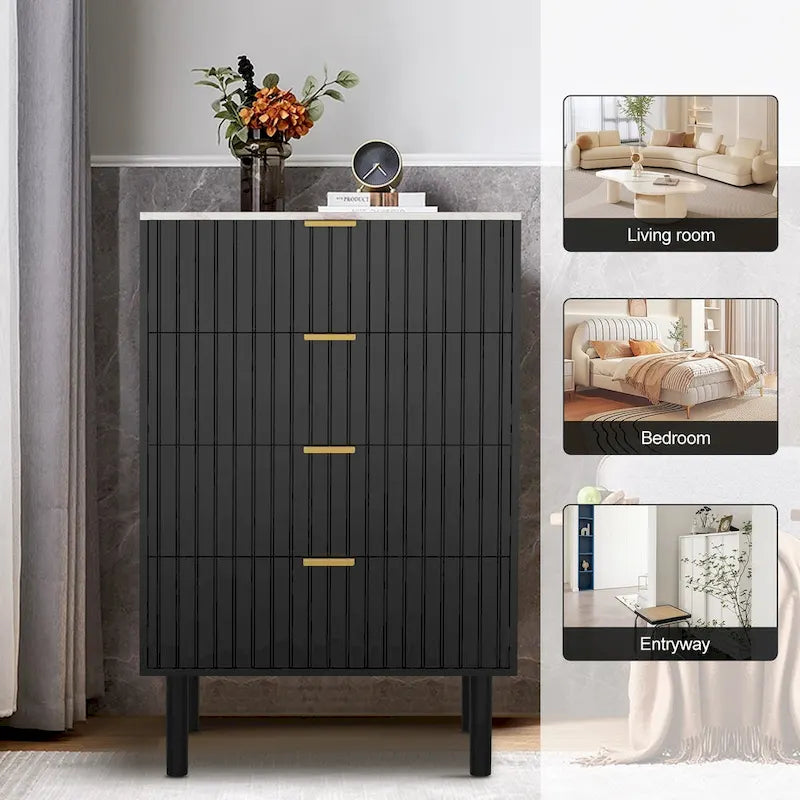 Commode de rangement à 4 tiroirs avec texture imitation marbre, tour de rangement pour chambre à coucher