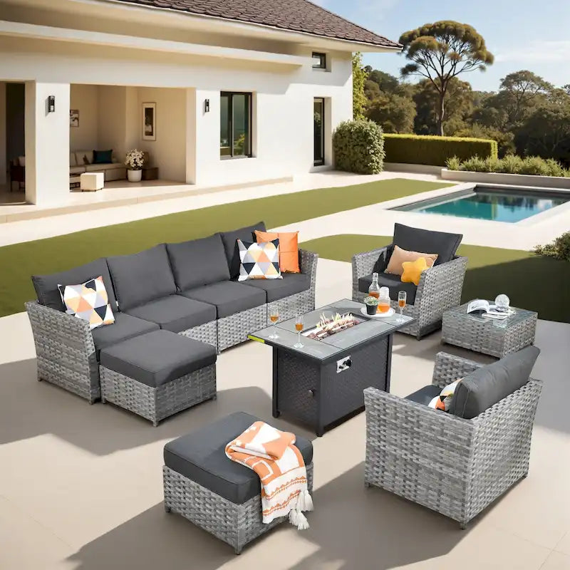 XIZZI 10-piece Patio Furniture Outdoor Sectional Sofa Set with Fire Pit
