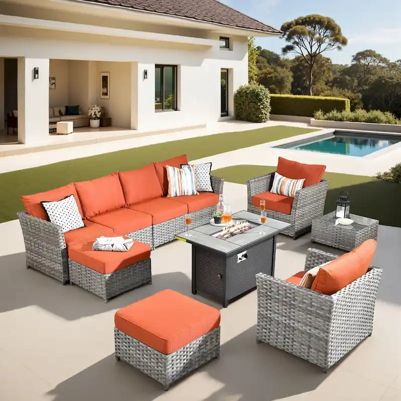 XIZZI 10-piece Patio Furniture Outdoor Sectional Sofa Set with Fire Pit