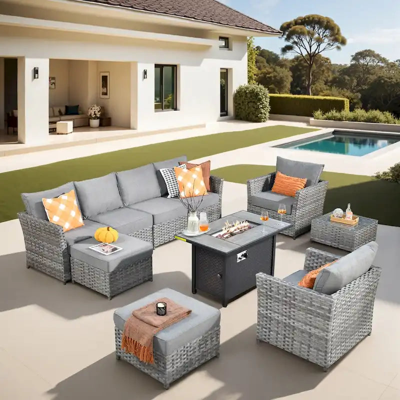 XIZZI 10-piece Patio Furniture Outdoor Sectional Sofa Set with Fire Pit