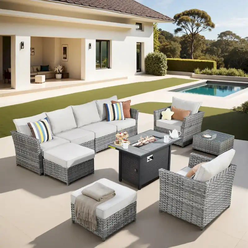 XIZZI 10-piece Patio Furniture Outdoor Sectional Sofa Set with Fire Pit