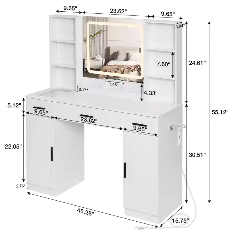 Coiffeuse Hommpa avec station de recharge et étagères de rangement, blanc, deux tiroirs.