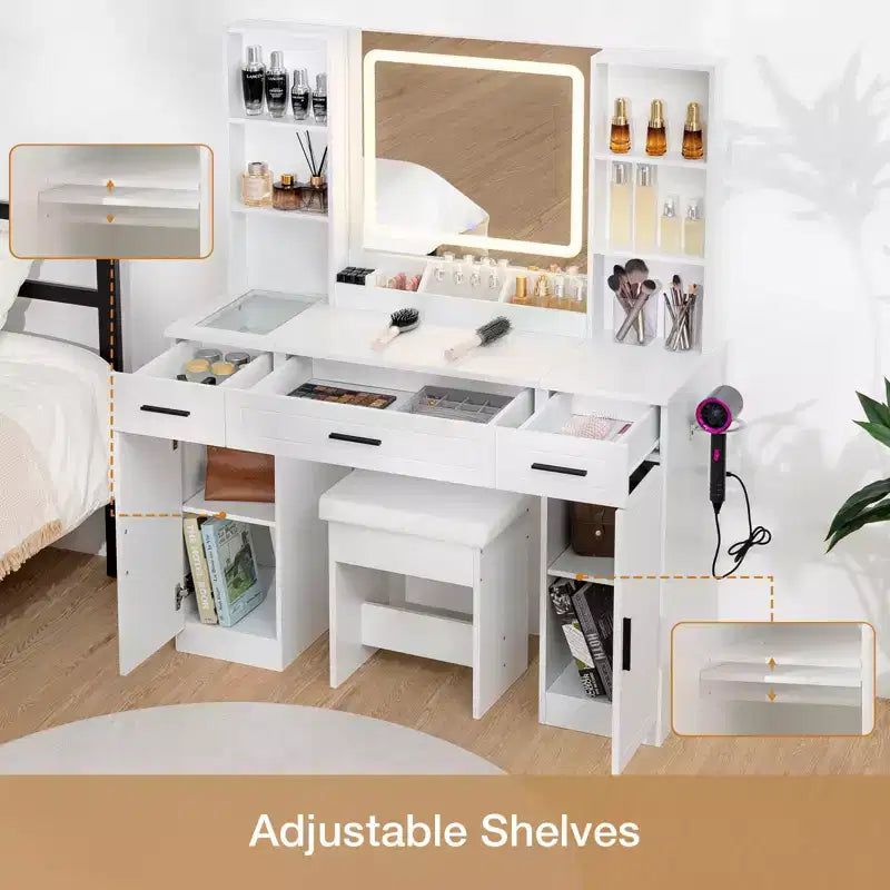 Coiffeuse Hommpa avec station de recharge et étagères de rangement, blanc, deux tiroirs.