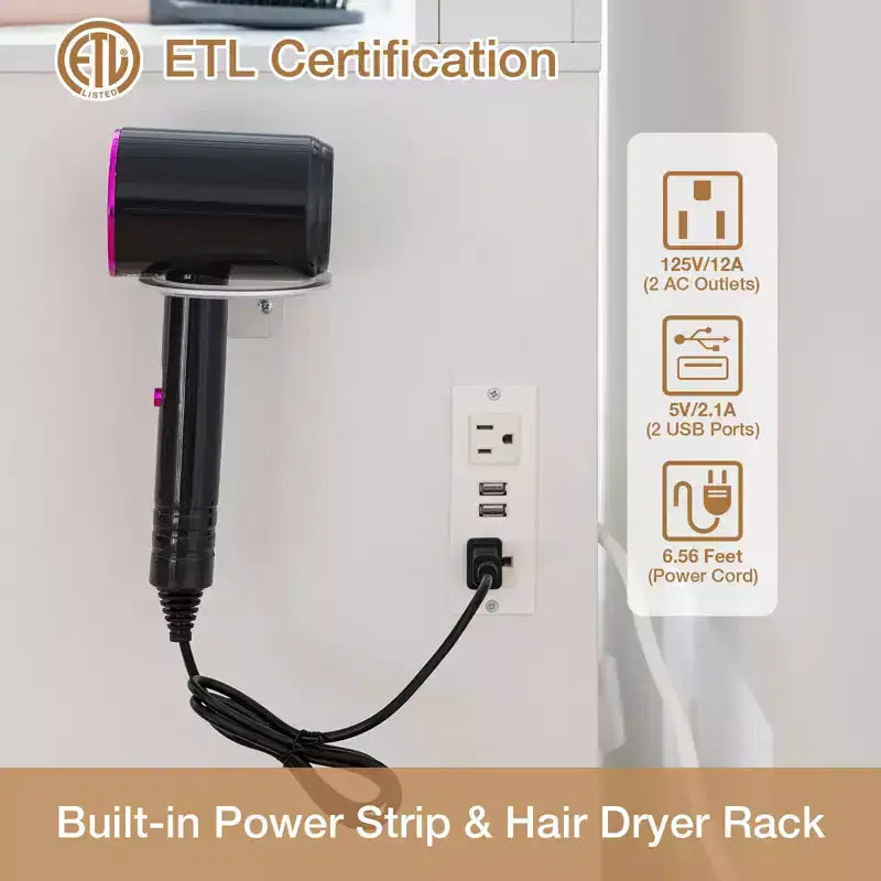 Coiffeuse Hommpa avec station de recharge et étagères de rangement, blanc, deux tiroirs.
