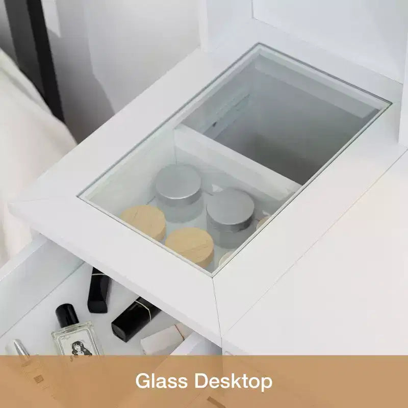 Coiffeuse Hommpa avec station de recharge et étagères de rangement, blanc, deux tiroirs.