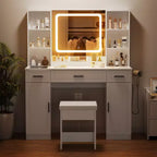 Coiffeuse Hommpa avec station de recharge et étagères de rangement, blanc, deux tiroirs.