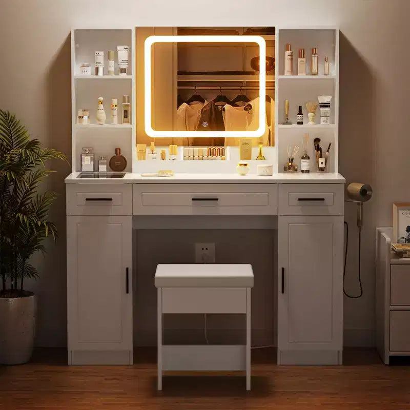 Coiffeuse Hommpa avec station de recharge et étagères de rangement, blanc, deux tiroirs.