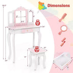 Coiffeuse enfant Costway et ensemble tabouret avec joli motif à pois, miroir triptyque, tiroir Rose et blanc/Rose clair et blanc/Rose et noir/Bleu/Rose