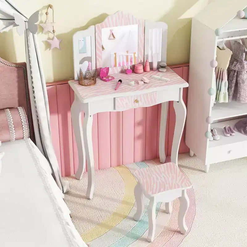 Coiffeuse enfant Costway et ensemble tabouret avec joli motif à pois, miroir triptyque, tiroir Rose et blanc/Rose clair et blanc/Rose et noir/Bleu/Rose
