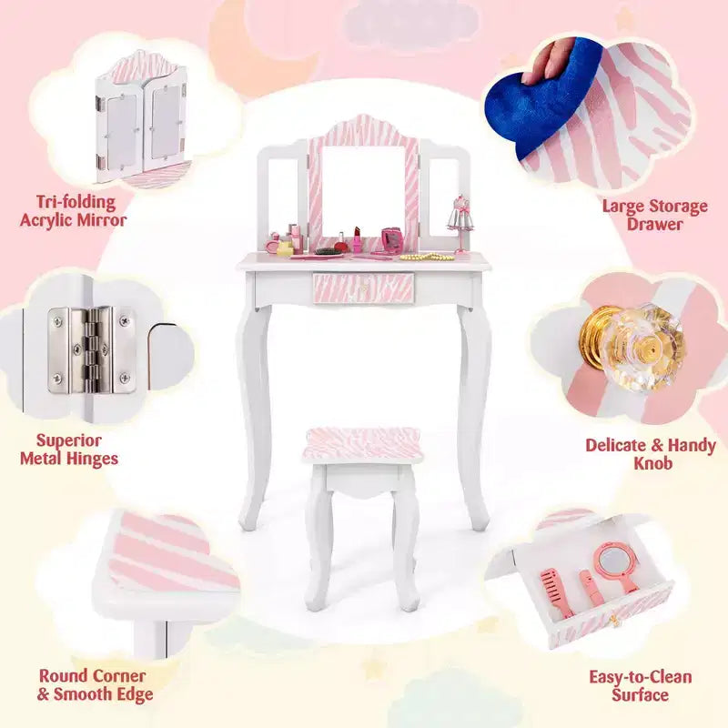 Coiffeuse enfant Costway et ensemble tabouret avec joli motif à pois, miroir triptyque, tiroir Rose et blanc/Rose clair et blanc/Rose et noir/Bleu/Rose