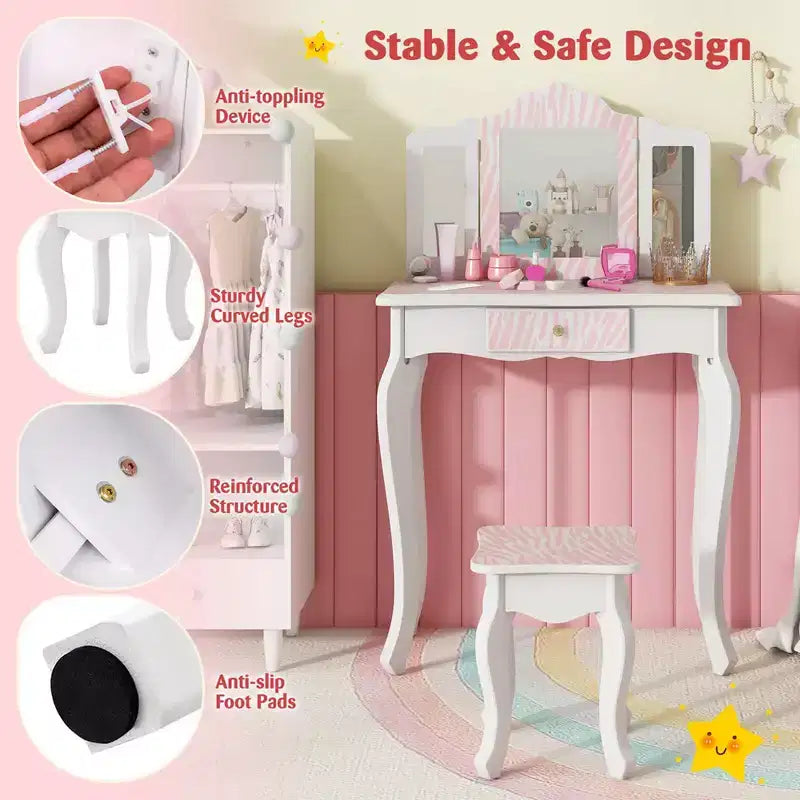 Coiffeuse enfant Costway et ensemble tabouret avec joli motif à pois, miroir triptyque, tiroir Rose et blanc/Rose clair et blanc/Rose et noir/Bleu/Rose