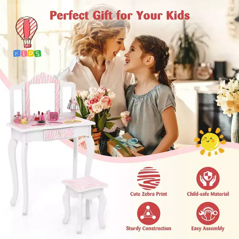 Coiffeuse enfant Costway et ensemble tabouret avec joli motif à pois, miroir triptyque, tiroir Rose et blanc/Rose clair et blanc/Rose et noir/Bleu/Rose