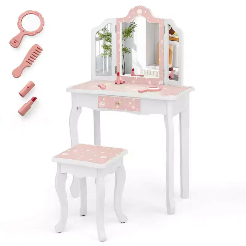 Coiffeuse enfant Costway et ensemble tabouret avec joli motif à pois, miroir triptyque, tiroir Rose et blanc/Rose clair et blanc/Rose et noir/Bleu/Rose
