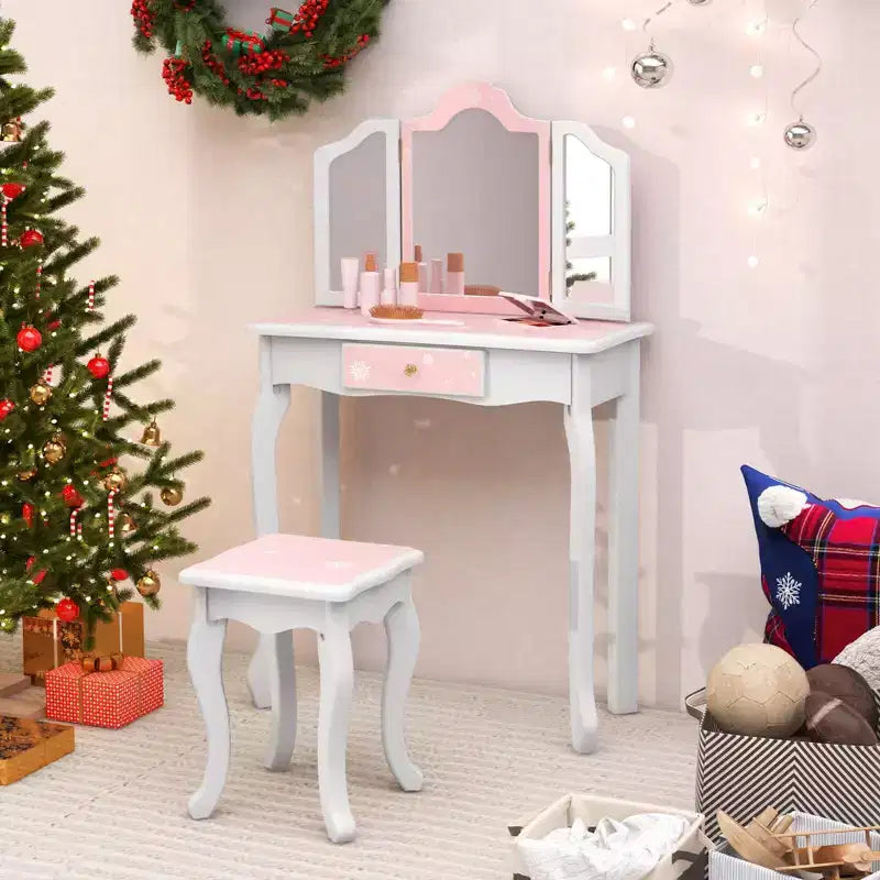 Coiffeuse enfant Costway et ensemble tabouret avec joli motif à pois, miroir triptyque, tiroir Rose et blanc/Rose clair et blanc/Rose et noir/Bleu/Rose