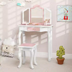 Coiffeuse enfant Costway et ensemble tabouret avec joli motif à pois, miroir triptyque, tiroir Rose et blanc/Rose clair et blanc/Rose et noir/Bleu/Rose