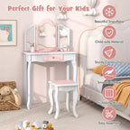 Coiffeuse enfant Costway et ensemble tabouret avec joli motif à pois, miroir triptyque, tiroir Rose et blanc/Rose clair et blanc/Rose et noir/Bleu/Rose