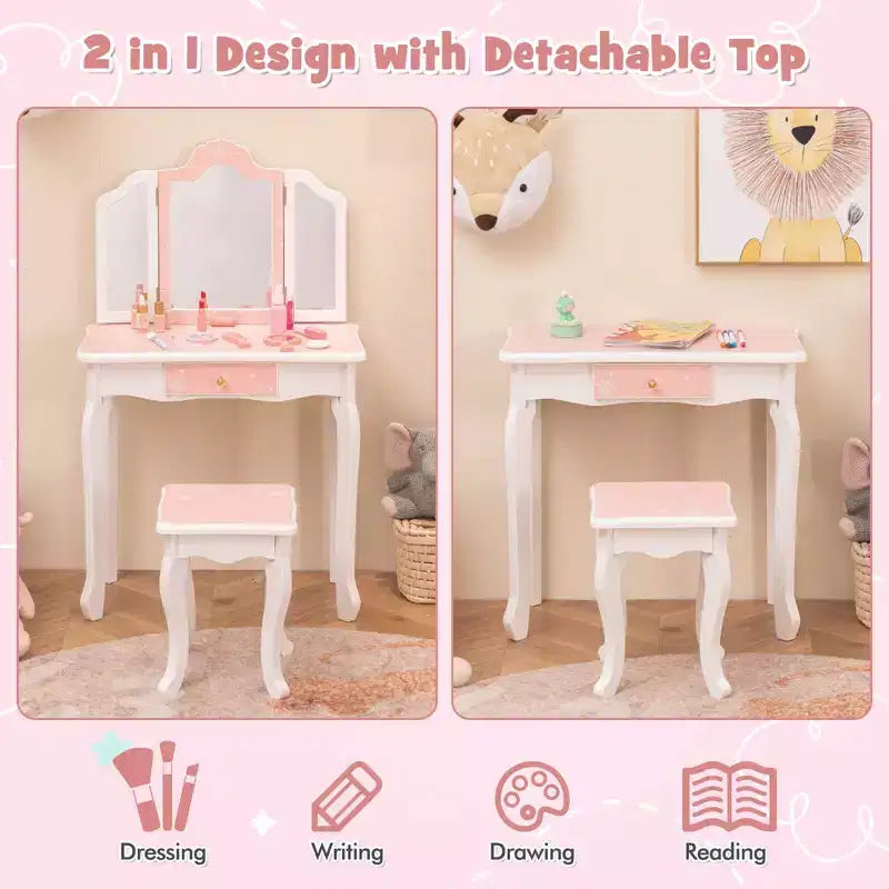Coiffeuse enfant Costway et ensemble tabouret avec joli motif à pois, miroir triptyque, tiroir Rose et blanc/Rose clair et blanc/Rose et noir/Bleu/Rose