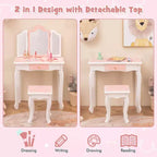 Coiffeuse enfant Costway et ensemble tabouret avec joli motif à pois, miroir triptyque, tiroir Rose et blanc/Rose clair et blanc/Rose et noir/Bleu/Rose