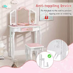 Coiffeuse enfant Costway et ensemble tabouret avec joli motif à pois, miroir triptyque, tiroir Rose et blanc/Rose clair et blanc/Rose et noir/Bleu/Rose