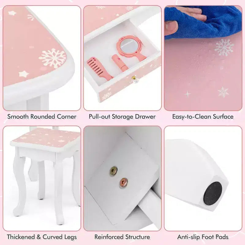 Coiffeuse enfant Costway et ensemble tabouret avec joli motif à pois, miroir triptyque, tiroir Rose et blanc/Rose clair et blanc/Rose et noir/Bleu/Rose