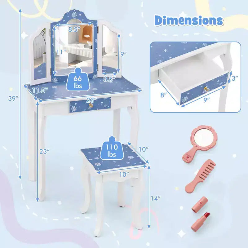 Coiffeuse enfant Costway et ensemble tabouret avec joli motif à pois, miroir triptyque, tiroir Rose et blanc/Rose clair et blanc/Rose et noir/Bleu/Rose
