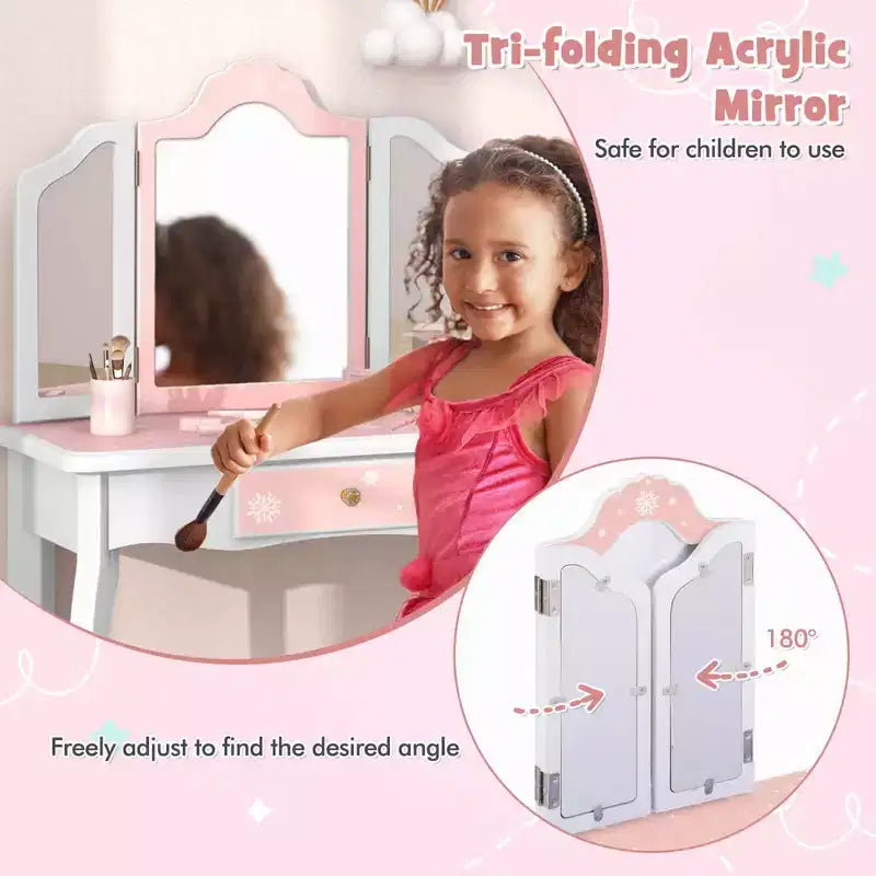 Coiffeuse enfant Costway et ensemble tabouret avec joli motif à pois, miroir triptyque, tiroir Rose et blanc/Rose clair et blanc/Rose et noir/Bleu/Rose