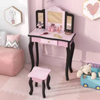 Coiffeuse enfant Costway et ensemble tabouret avec joli motif à pois, miroir triptyque, tiroir Rose et blanc/Rose clair et blanc/Rose et noir/Bleu/Rose
