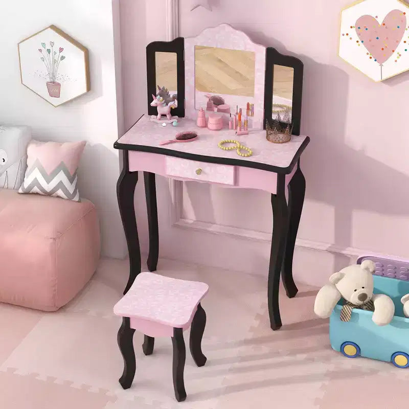 Coiffeuse enfant Costway et ensemble tabouret avec joli motif à pois, miroir triptyque, tiroir Rose et blanc/Rose clair et blanc/Rose et noir/Bleu/Rose