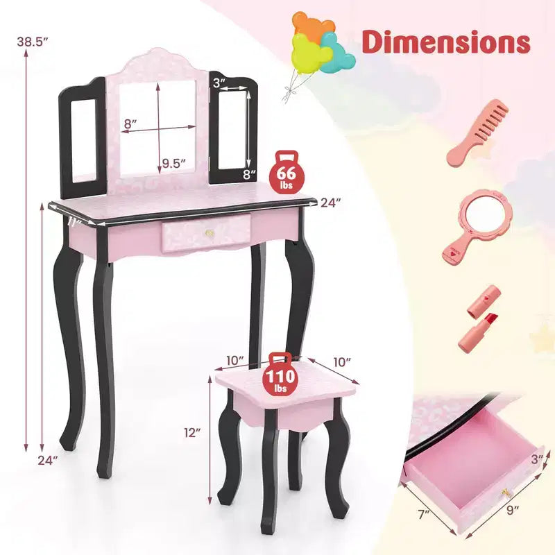 Coiffeuse enfant Costway et ensemble tabouret avec joli motif à pois, miroir triptyque, tiroir Rose et blanc/Rose clair et blanc/Rose et noir/Bleu/Rose