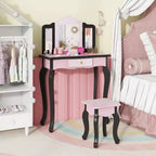 Coiffeuse enfant Costway et ensemble tabouret avec joli motif à pois, miroir triptyque, tiroir Rose et blanc/Rose clair et blanc/Rose et noir/Bleu/Rose