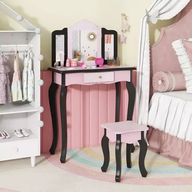 Coiffeuse enfant Costway et ensemble tabouret avec joli motif à pois, miroir triptyque, tiroir Rose et blanc/Rose clair et blanc/Rose et noir/Bleu/Rose