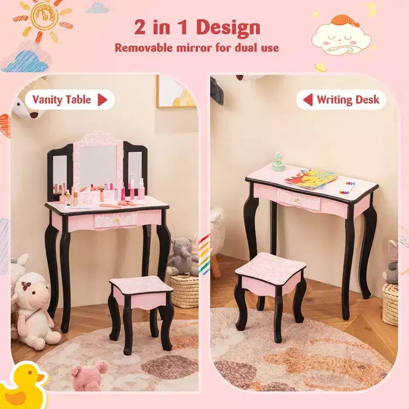 Coiffeuse enfant Costway et ensemble tabouret avec joli motif à pois, miroir triptyque, tiroir Rose et blanc/Rose clair et blanc/Rose et noir/Bleu/Rose