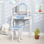 Coiffeuse enfant Costway et ensemble tabouret avec joli motif à pois, miroir triptyque, tiroir Rose et blanc/Rose clair et blanc/Rose et noir/Bleu/Rose