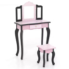 Coiffeuse enfant Costway et ensemble tabouret avec joli motif à pois, miroir triptyque, tiroir Rose et blanc/Rose clair et blanc/Rose et noir/Bleu/Rose