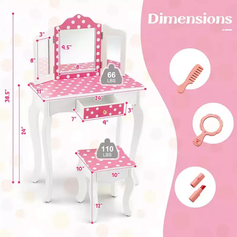 Coiffeuse enfant Costway et ensemble tabouret avec joli motif à pois, miroir triptyque, tiroir Rose et blanc/Rose clair et blanc/Rose et noir/Bleu/Rose