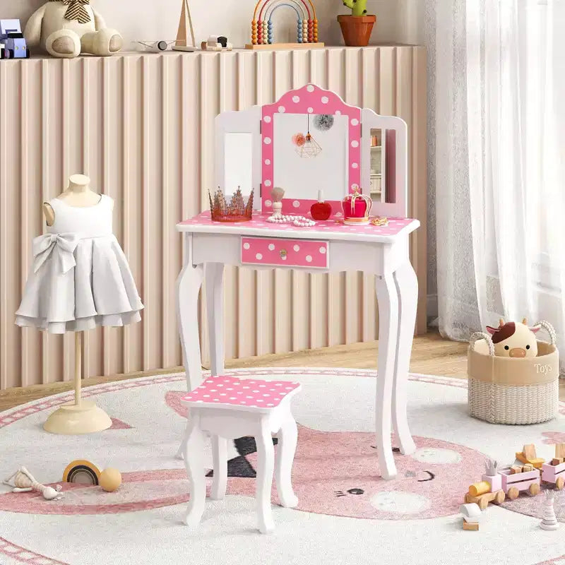 Coiffeuse enfant Costway et ensemble tabouret avec joli motif à pois, miroir triptyque, tiroir Rose et blanc/Rose clair et blanc/Rose et noir/Bleu/Rose
