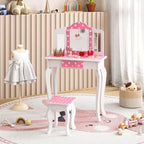 Coiffeuse enfant Costway et ensemble tabouret avec joli motif à pois, miroir triptyque, tiroir Rose et blanc/Rose clair et blanc/Rose et noir/Bleu/Rose