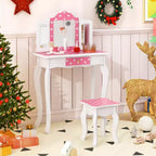 Coiffeuse enfant Costway et ensemble tabouret avec joli motif à pois, miroir triptyque, tiroir Rose et blanc/Rose clair et blanc/Rose et noir/Bleu/Rose
